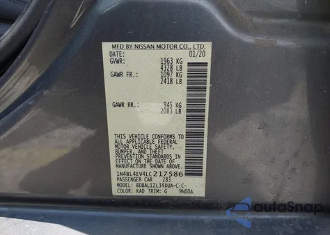 2020 Nissan Altima Sl Fwd z USA, uszkodzony, nr VIN 1N4BL4EV4LC217586